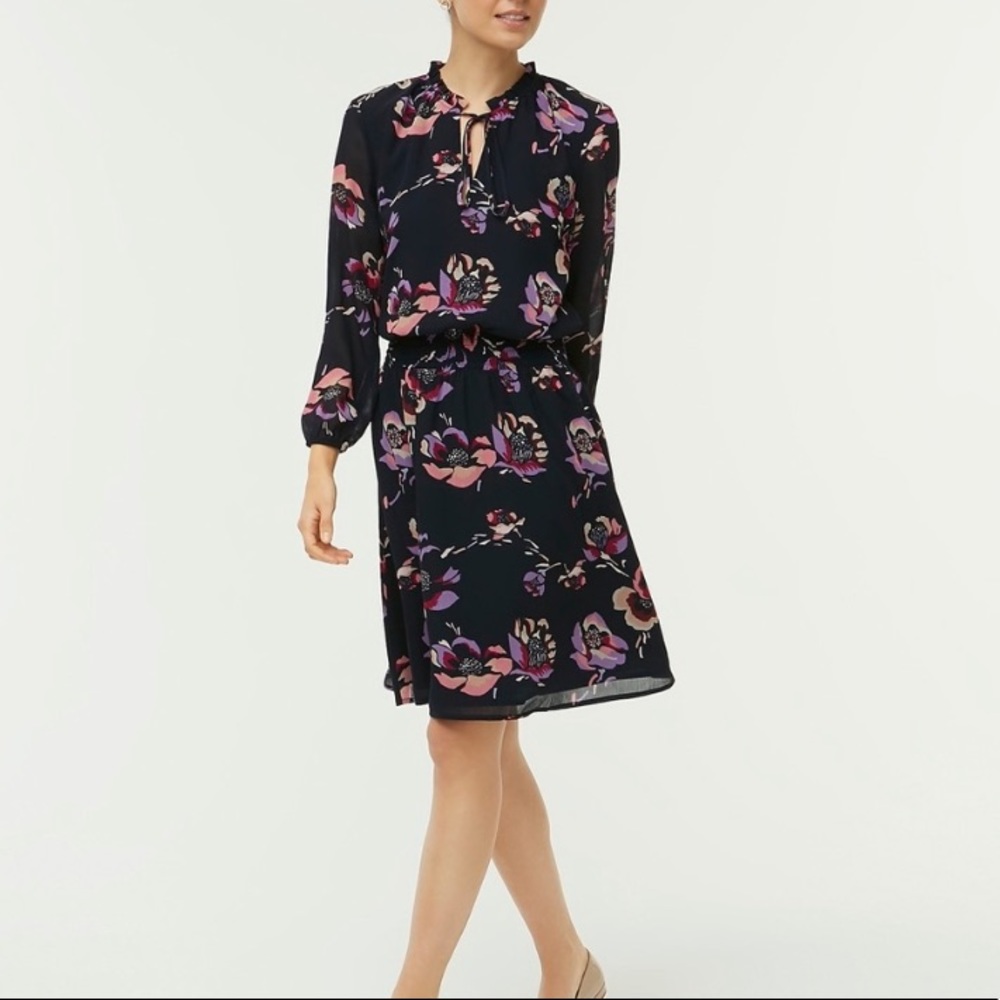 J Crew Navy Floral Smocked Waist Dress